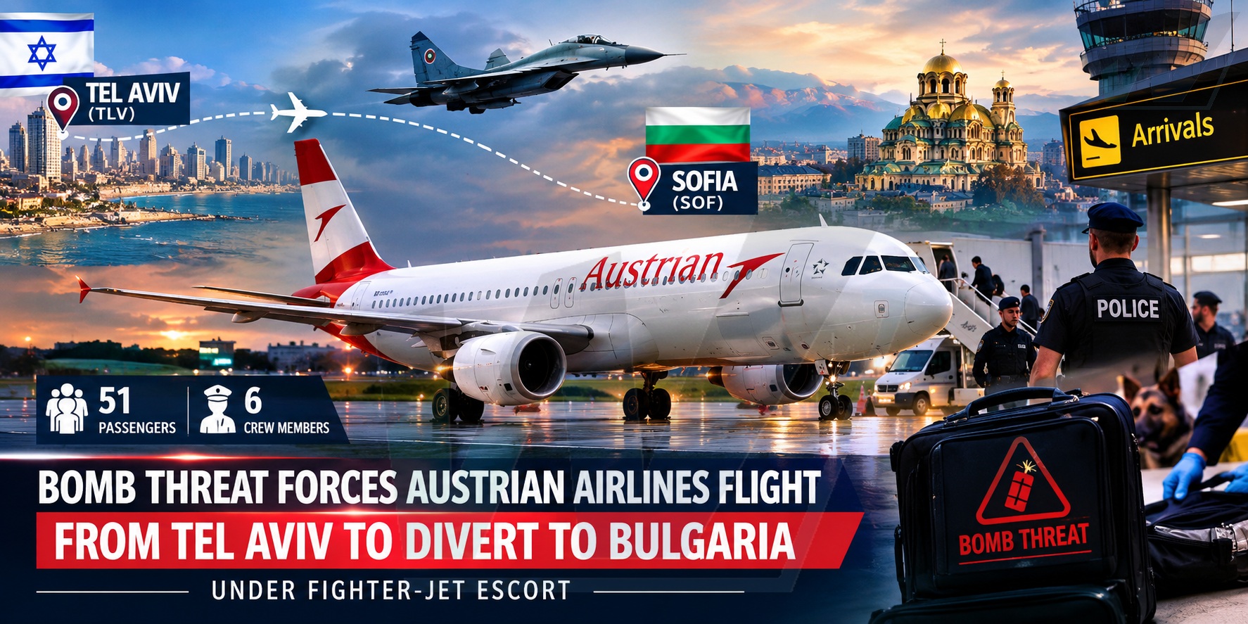 Bomb Threat Forces Austrian Airlines Flight from Tel Aviv to Divert to Bulgaria Under Fighter-Jet Escort