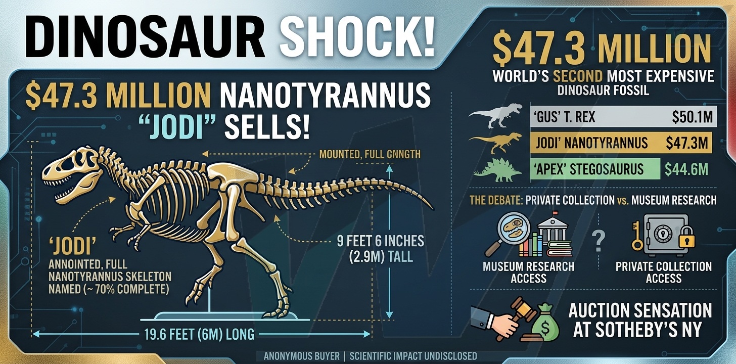 $47.3 Million Dinosaur Shock: Rare Nanotyrannus “Jodi” Becomes the World’s Second-Most-Expensive Dinosaur Fossil